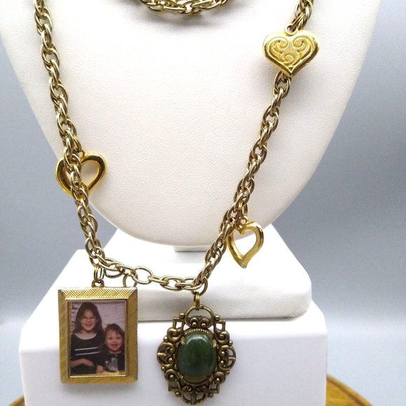 Vintage Rope Chain Charm Necklace, Long Gold Tone with 5 Charms, 3 Hearts - Picture 2 of 3